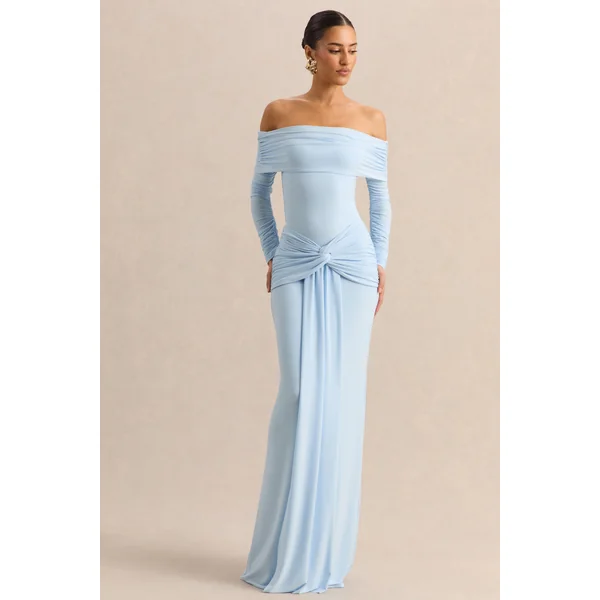 Flynne | Jupe longue portefeuille bleu avec ceinture sash