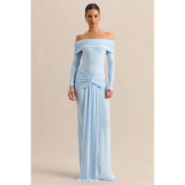Flynne | Jupe longue portefeuille bleu avec ceinture sash