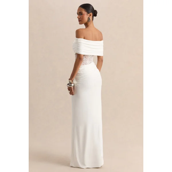 Forsya | Robe longue blanche à encolure bardot avec détails en dentelle