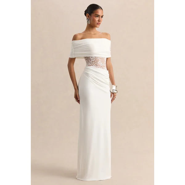 Forsya | Robe longue blanche à encolure bardot avec détails en dentelle