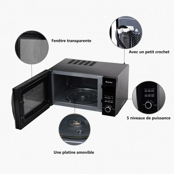 Four à micro-ondes 23L 800W en Acier inoxydable, 5 puissances, Plateau amovible, 48.2 x 38.4 x 27.8 cm, 12 kg, Noir