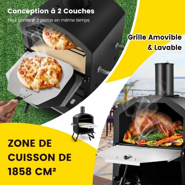 Four à Pizza Extérieur à 2 Couches Etagère du Milieu Amovible avec Pierre à Pizza Grille Pelle Housse Etanche Cheminée