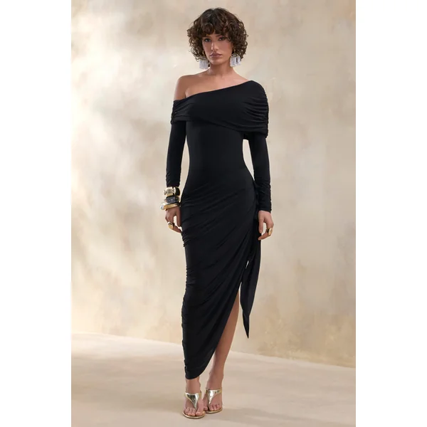 Franca | Robe mi-longue noire à encolure asymétrique avec détails drapés et froncés