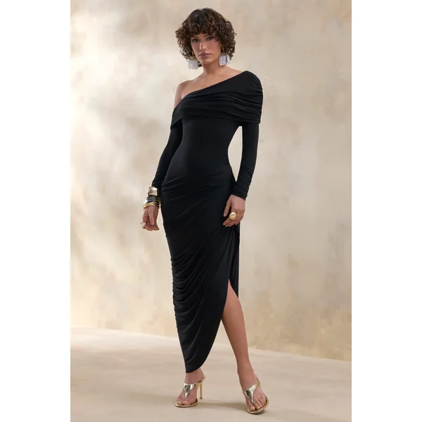 Franca | Robe mi-longue noire à encolure asymétrique avec détails drapés et froncés