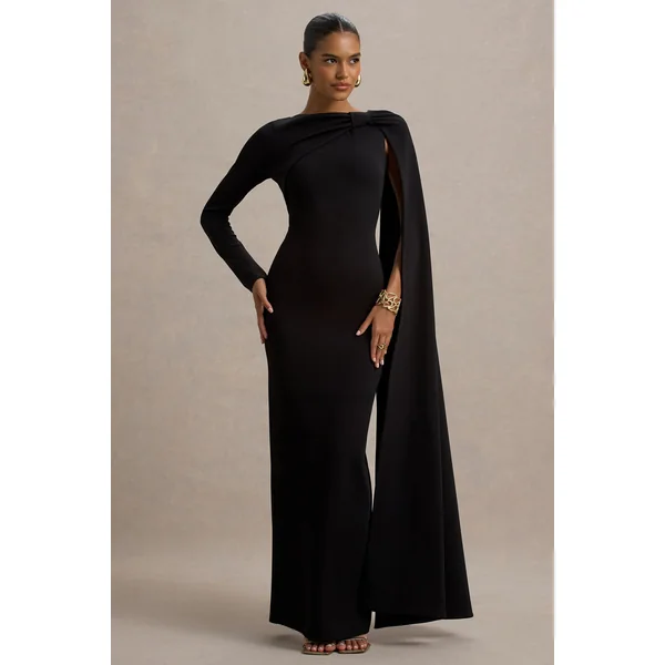Frances | Robe longue noire a col montant et détail cape