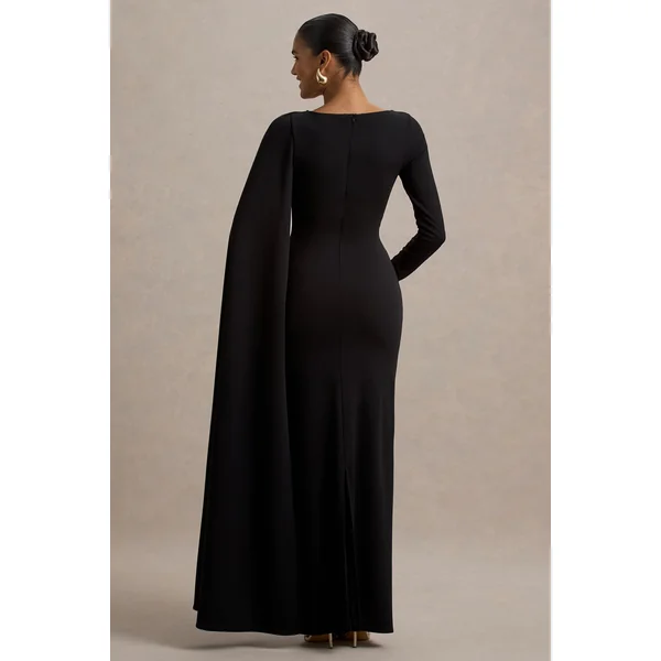 Frances | Robe longue noire a col montant et détail cape
