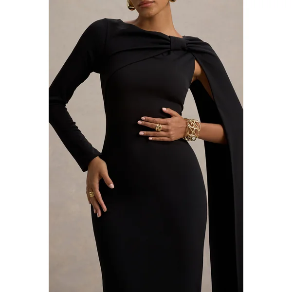 Frances | Robe longue noire a col montant et détail cape