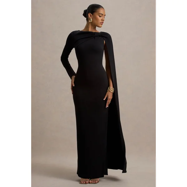Frances | Robe longue noire a col montant et détail cape