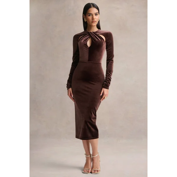 Francine | Robe mi-longue en velours marron à encolure ronde et détails à découpes