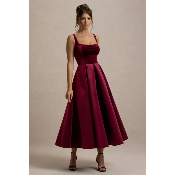 Francisca | Robe Mi-Longue à Bretelles en Velours Baies avec Longueur Volumineuse