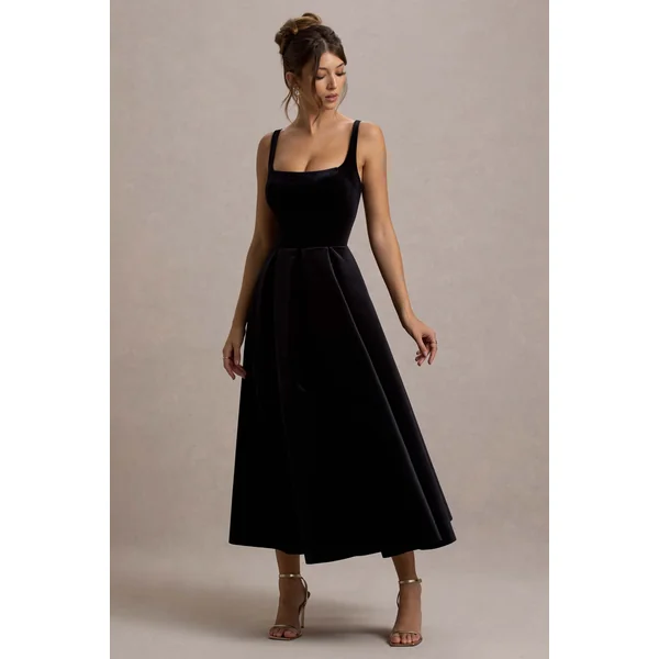Francisca | Robe Mi-Longue à Bretelles en Velours Noir avec Longueur Volumineuse