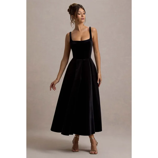 Francisca | Robe Mi-Longue à Bretelles en Velours Noir avec Longueur Volumineuse