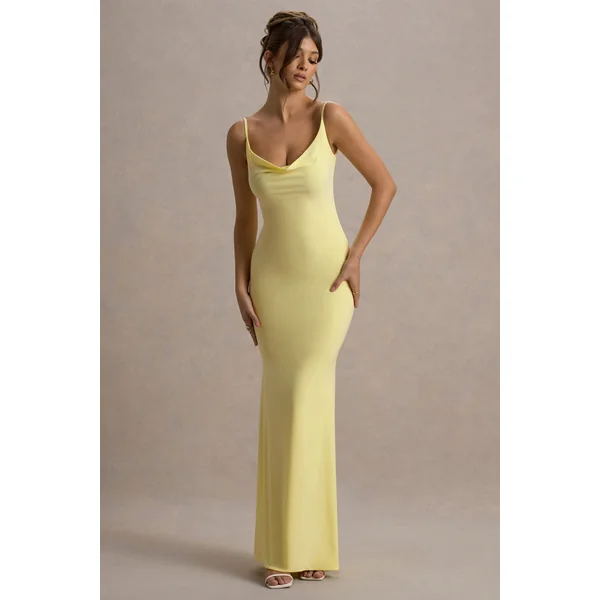 Francoise | Robe longue jaune à col bénitier et dos nu avec dentelle