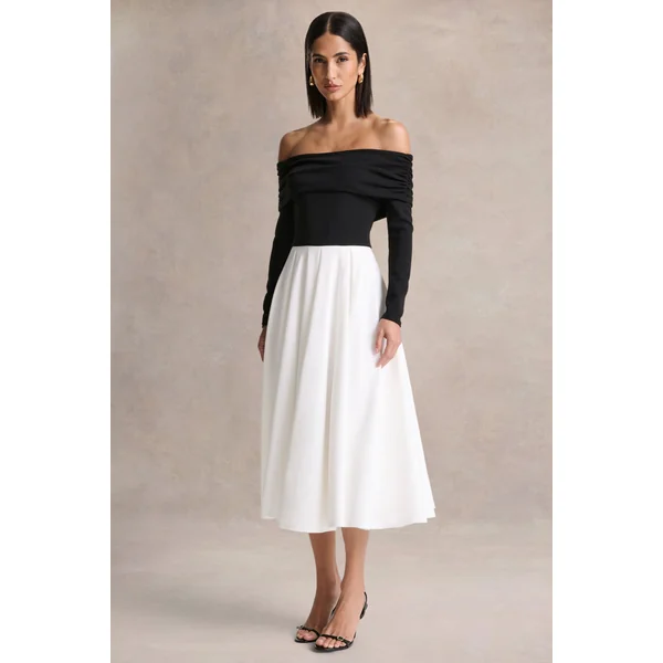 Frederica | Robe mi-longue noire et blanche à encolure bardot