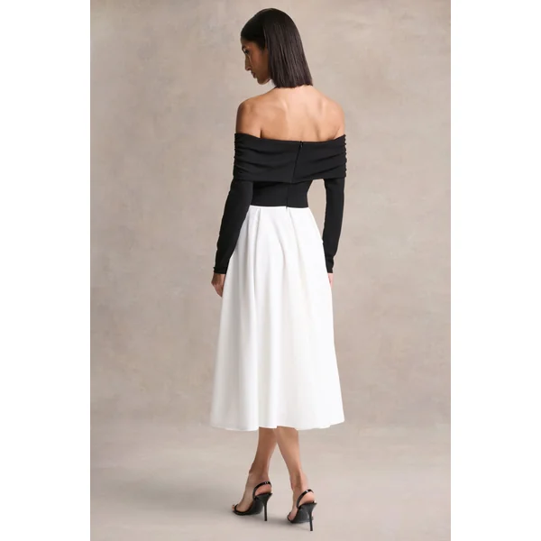 Frederica | Robe mi-longue noire et blanche à encolure bardot