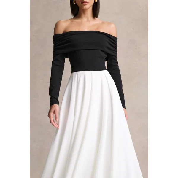 Frederica | Robe mi-longue noire et blanche à encolure bardot