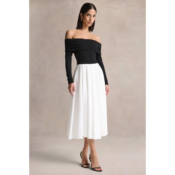 Frederica | Robe mi-longue noire et blanche à encolure bardot