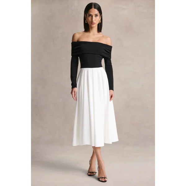 Frederica | Robe mi-longue noire et blanche à encolure bardot