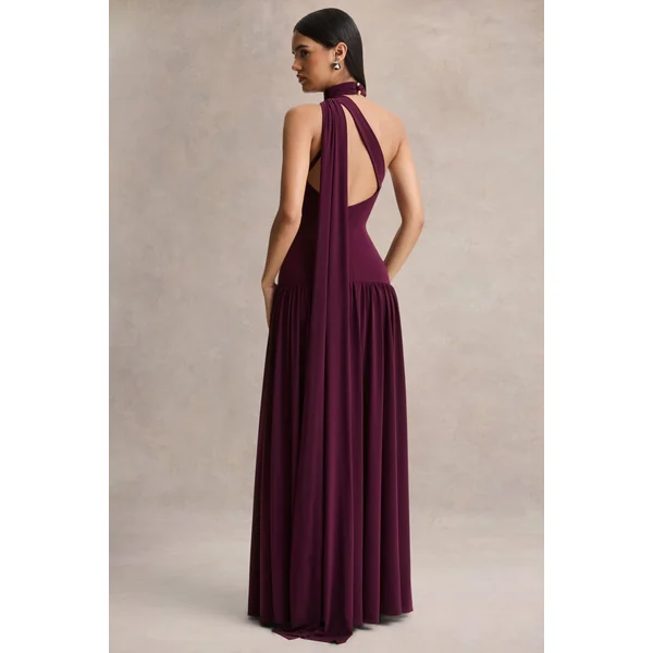 Freesia | Robe longue prune à décolleté asymétrique avec détail écharpe