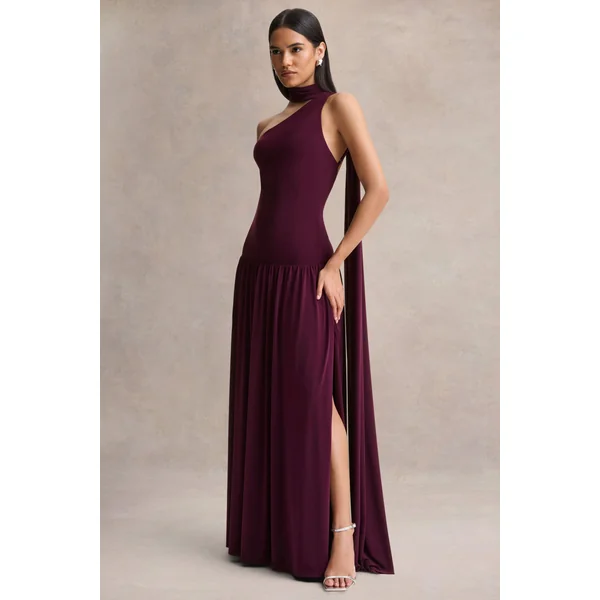 Freesia | Robe longue prune à décolleté asymétrique avec détail écharpe