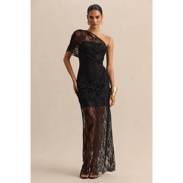 Fressia | Robe longue noire en dentelle à encolure asymétrique avec détails drapés