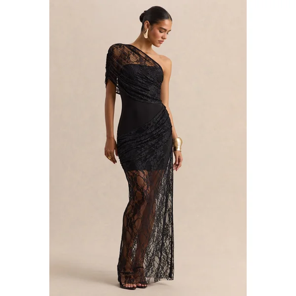 Fressia | Robe longue noire en dentelle à encolure asymétrique avec détails drapés