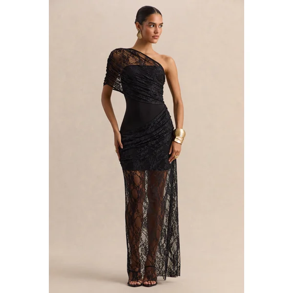 Fressia | Robe longue noire en dentelle à encolure asymétrique avec détails drapés