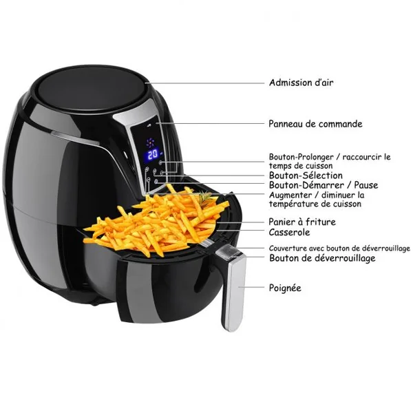 Friteuse à air 1400W Friteuse sans huile Température 82-200°C Cuve 3,2L Minuterie 0-60min 220-240V 29x34x33cm Noir