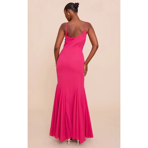 Fuchsia Robe Longue En Mousseline À Encolure Dégagée Et Dos Drapé Sans Manches