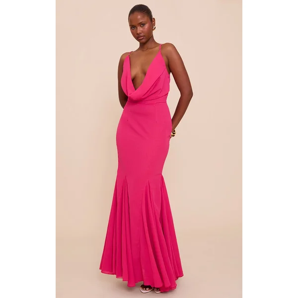Fuchsia Robe Longue En Mousseline À Encolure Dégagée Et Dos Drapé Sans Manches