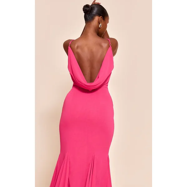 Fuchsia Robe Longue En Mousseline À Encolure Dégagée Et Dos Drapé Sans Manches