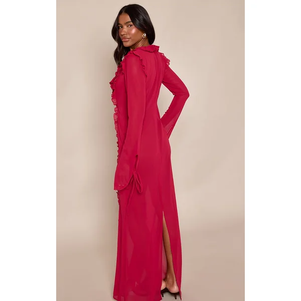 Fuchsia Robe Longue En Mousseline À Manches Longues Avec Détails Volantés Et Décolleté Plongeant