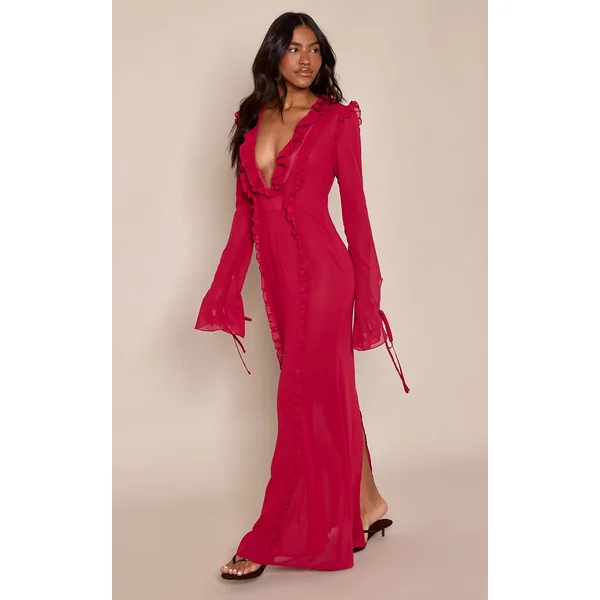 Fuchsia Robe Longue En Mousseline À Manches Longues Avec Détails Volantés Et Décolleté Plongeant