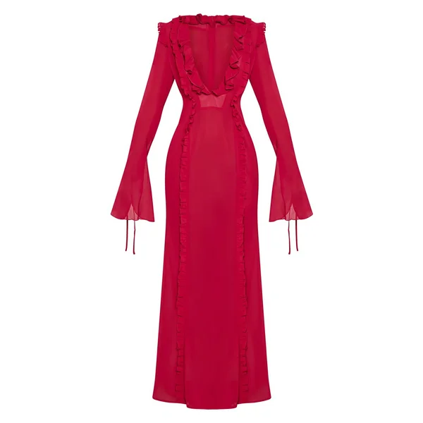 Fuchsia Robe Longue En Mousseline À Manches Longues Avec Détails Volantés Et Décolleté Plongeant
