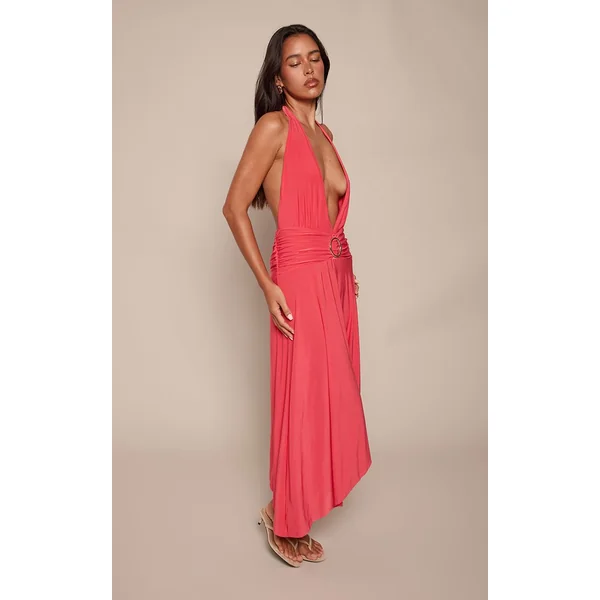 Fuchsia Robe Maxi Asymétrique À Double Couche En Jersey Fluide Avec Décolleté Plongeant Et Finitions