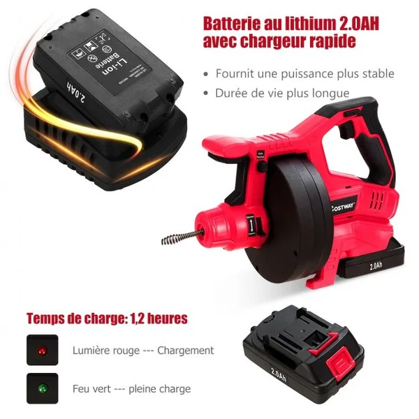 Furet Déboucheur avec Fil et Batterie 2000mAh Li-Ion Nettoyage Canalisations 560 tr/min avec LED et Tige Flexible de 780cm