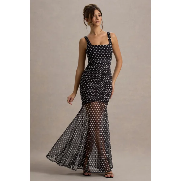 Galaxia | Robe Longue à pois noirs et blancs avec jupe en mesh
