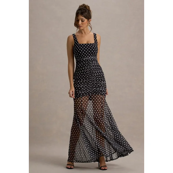 Galaxia | Robe Longue à pois noirs et blancs avec jupe en mesh
