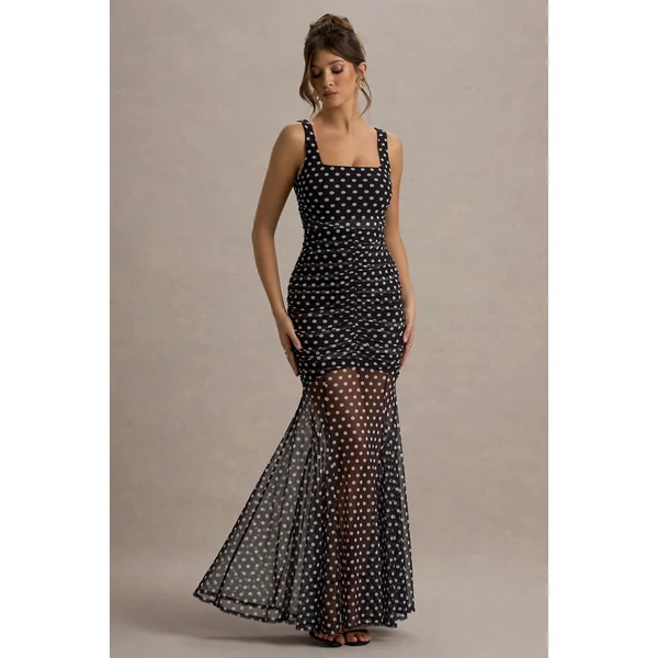 Galaxia | Robe Longue à pois noirs et blancs avec jupe en mesh