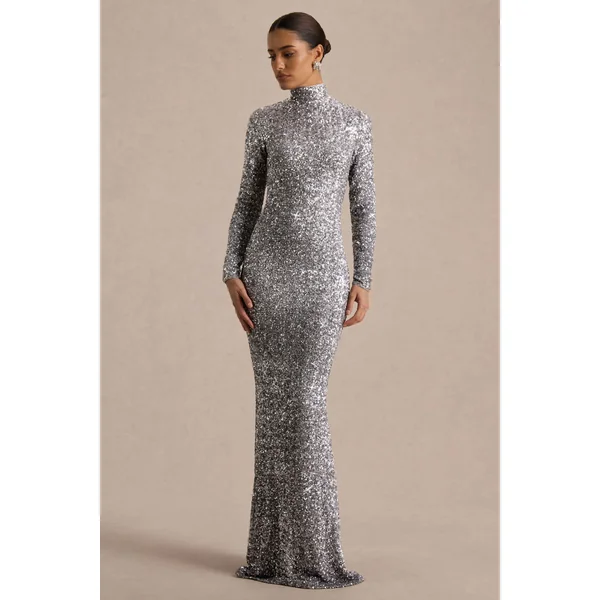 Galaxy | Robe longue en sequins argentés à col roulé et manches longues