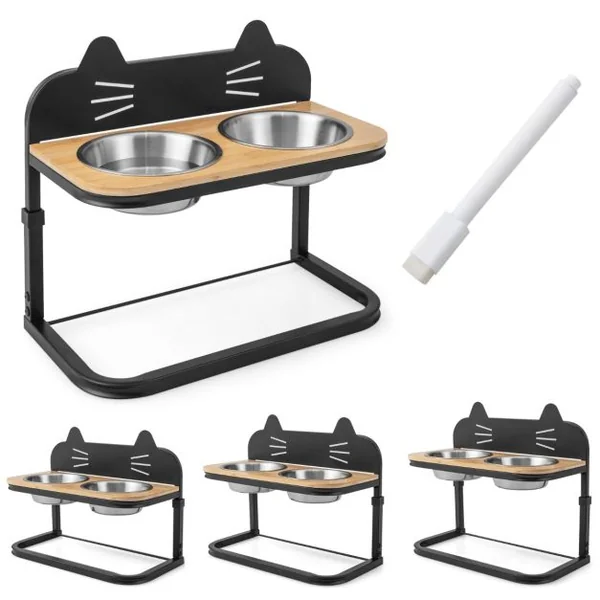 Gamelle Chat Chien Surélevée Hauteur Réglable Bols Double en Inox Marqueur Porte-Gamelles pour Chiots Cadre en Métal