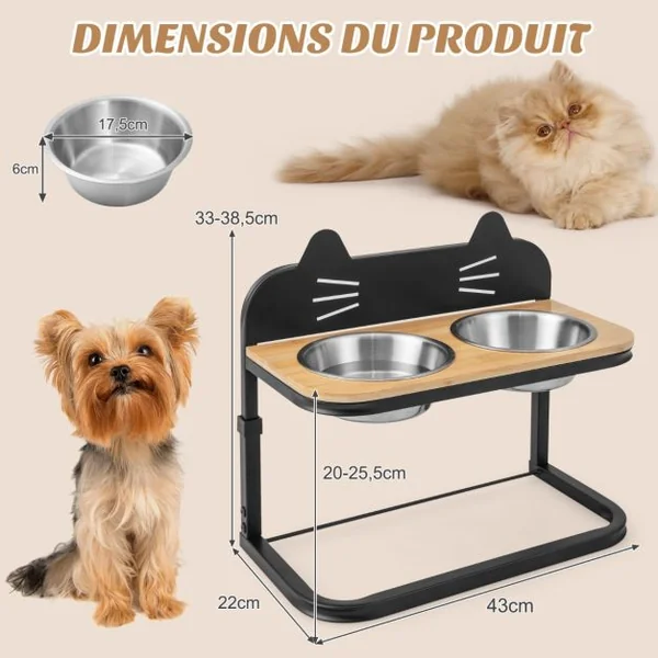 Gamelle Chat Chien Surélevée Hauteur Réglable Bols Double en Inox Marqueur Porte-Gamelles pour Chiots Cadre en Métal