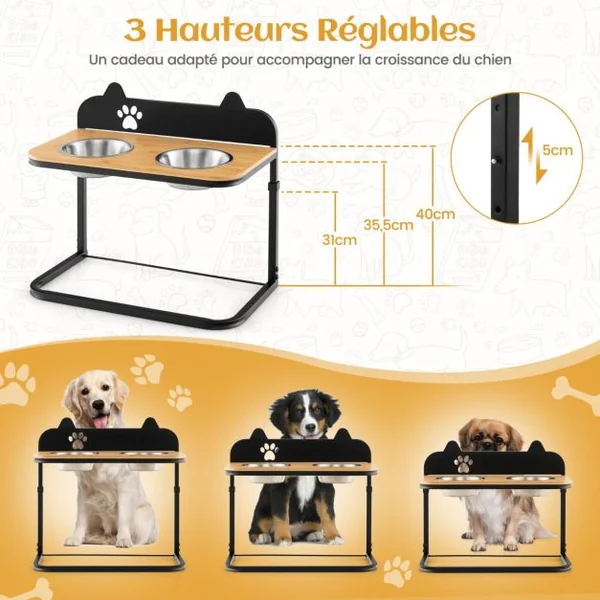 Gamelles Double pour chien Surélevé Hauteur Réglable Bols Amovibles en Acier Inox. Marqueur Porte Gamelles pour Chien