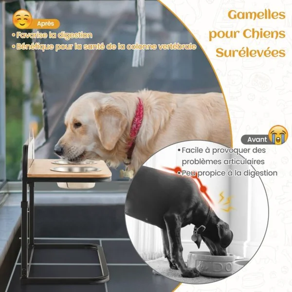 Gamelles Double pour chien Surélevé Hauteur Réglable Bols Amovibles en Acier Inox. Marqueur Porte Gamelles pour Chien