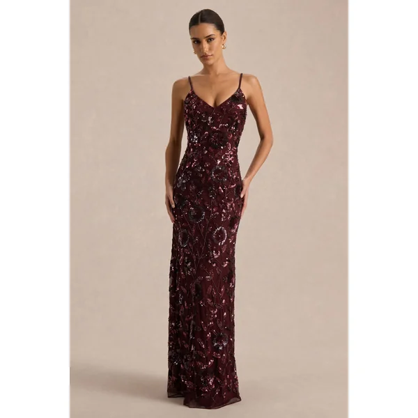 Gemini | Robe longue à bretelles ornée de sequins et motif floral bordeaux