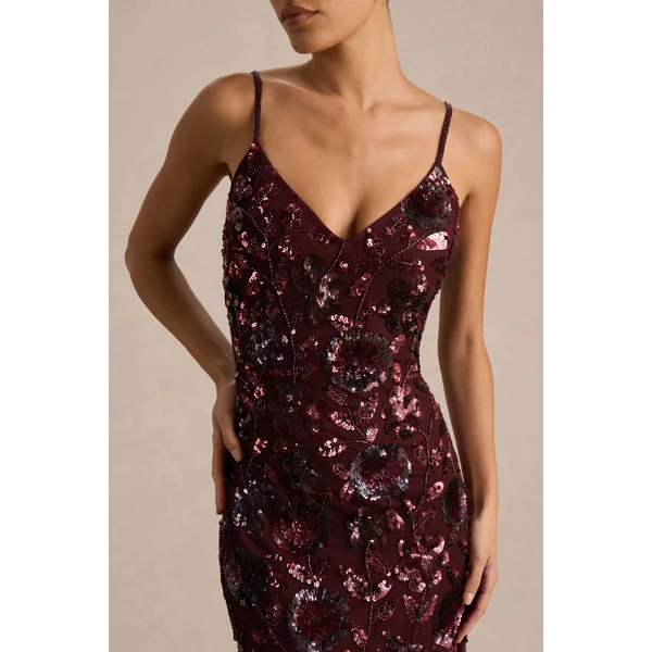 Gemini | Robe longue à bretelles ornée de sequins et motif floral bordeaux
