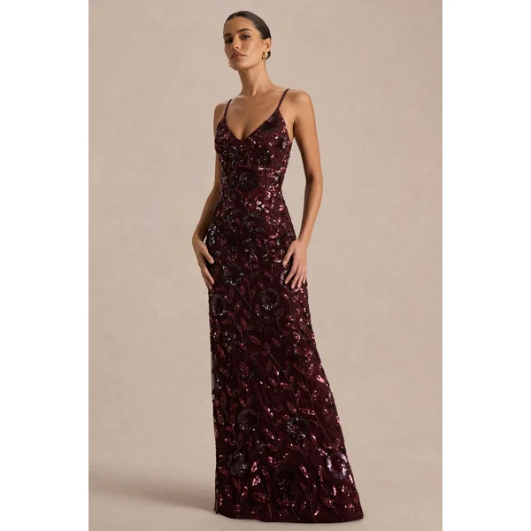 Gemini | Robe longue à bretelles ornée de sequins et motif floral bordeaux