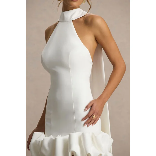 Geneve | Mini-robe blanche à encolure américaine avec ourlet volanté