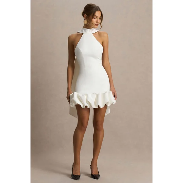 Geneve | Mini-robe blanche à encolure américaine avec ourlet volanté