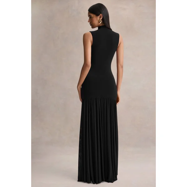 Gigi | Robe longue noire à col montant avec taille basse et jupe transparente